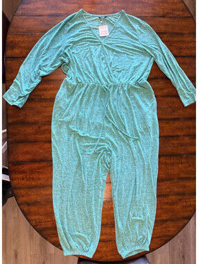 BloomChic Teal  Knit Wrap Style Jumpsuit with Pockets - Plus Size 22 - 24